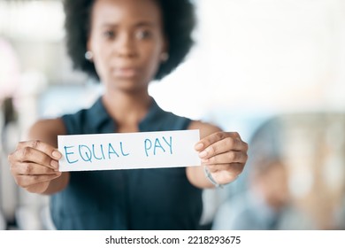 Paper Sign, Gender And Finance Equality With Black Woman, Salary And Pay Gap. Equity, Balance And Opinion For Fair Opportunity, Human Rights Bias And Social Transformation With Business Employee