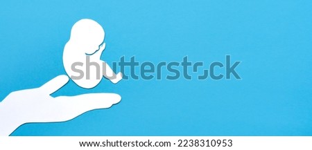 Paper silhouette of a human embryo on a doctor's hand. Flat lay, place for text. Banner, flat lay, space for text.