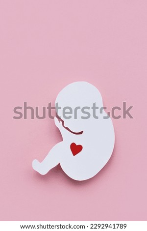 Paper silhouette of a human embryo with a red heart on a pink background. Vertical image, flat lay, copy space.