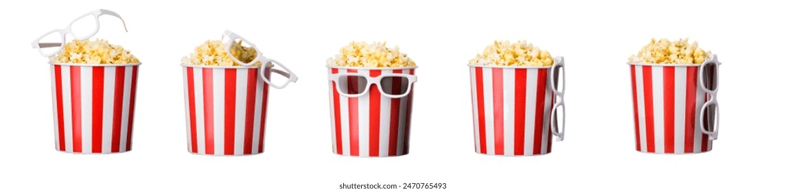 Paper striped bucket with popcorn and 3D glasses isolated on white background with clipping path. Concept of cinema or watching TV. - Powered by Shutterstock