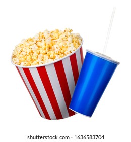 Paper Striped Bucket With Popcorn And Cup Of Soft Drink Isolated On White Background, Movie Night Concept Or Watching TV.