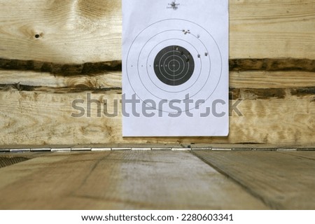 Paper Target marked bull-eye for practice with bullet holes in a shooting range