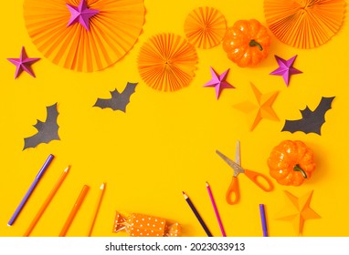 Paper Toys  For Halloween. Paper Crafts For Kids. Seasonal Craft Master Class Background. Preparation For A Holiday At Preschool.DIY For Children At Daycare For Halloween.