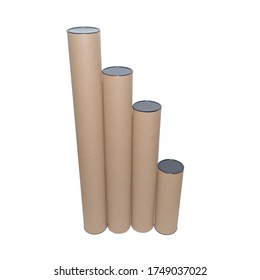 Paper tube cores, tissues isolated on white background, in industry manufacturing plant factory. Product material of brown paper rolls. Cardboard cylinder cargo in stock workshop storage warehouse.
