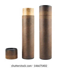 Paper Tube Made Of Old Brown Cardboard Isolated Over White Background, Set Of Two Foreshortenings, Opened And Closed