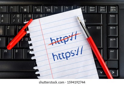  Paper width https, Crossed Out http and pencil on laptop keyboard