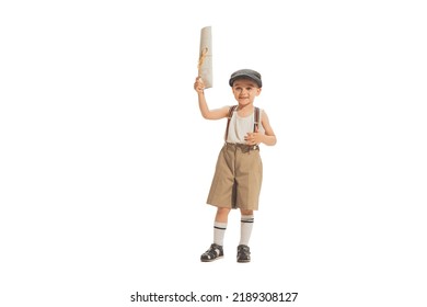 Paperboy, Newsboy. Cute Happy Kid In Retro Style Shorts Holding Newspaper Isolated On White Studio Background. Vintage Style Concept. Friendship, Hobbies, Art, Eras Comparison And Children Emotions