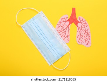 Paper-cut Anatomical Lungs With A Medical Mask On Yellow Background. Covid 19 Protection