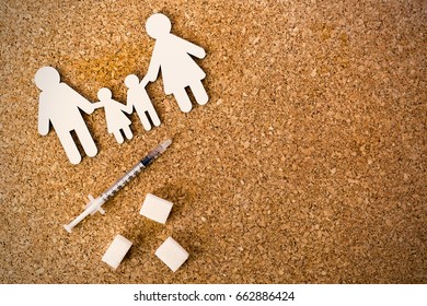 Papercut Family, Insulin Syringe And Sugar Cubes With Copy Space For Text - Prevention Diabetes Concept