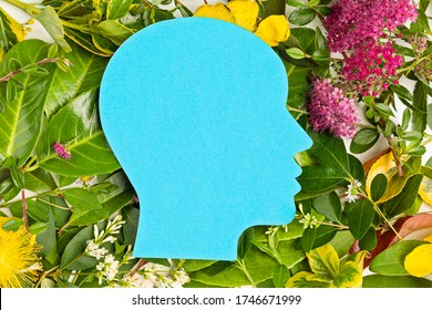 Papercut Head With Green Leaves And Flowers. Mental Health, Emotional Wellness, Contented Emotions, Self Care, Psychology, Green Thinking, Ecology Concept