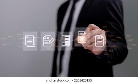 Paperless Workplace Ideas, E-signing, Electronic Signature, Document Management. A Businessman Signs An Electronic Document On A Digital Document On A Virtual Screen.