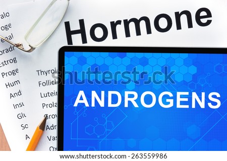 Papers with hormones list and tablet  with words  androgens. 