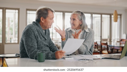 Paperwork, argument and senior couple with stress for retirement, budgeting and financial crisis. Elderly people, fight and frustrated with documents for healthcare, insurance debt or pension at home - Powered by Shutterstock