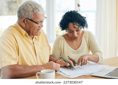 Paperwork, budget and senior couple at home for retirement funds, investment planning or asset management together. Elderly people or woman and partner reading documents, financial loan or mortgage - Powered by Shutterstock