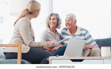 Paperwork, old couple and smile for retirement, pension and financial advisor with senior people or plan. Happy, online and investment of fund, consulting and reading of payment in documents and home - Powered by Shutterstock