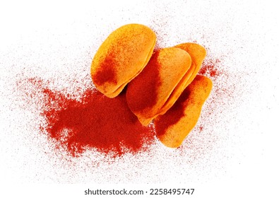 Paprika flavored potato chips isolated on white, top view