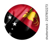 Papua New Guinea flag and cloth texture combined with round frame, white background concept image. Double exposure hologram. Can be used as background or texture and news coverage