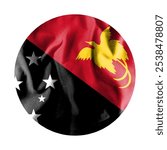 Papua New Guinea flag and cloth texture combined with round frame, white background concept image. Double exposure hologram. Can be used as background or texture and news coverage