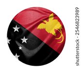 Papua New Guinea flag and cloth texture combined with round frame, white background concept image. Double exposure hologram. Can be used as background or texture and news coverage