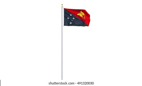 Papua New Guinea flag waving on white background, long shot, isolated with clipping path mask alpha channel transparency