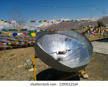 Parabolic Solar Heater For Hot Water. Annapurna Circuit Trekking. Nepal. 