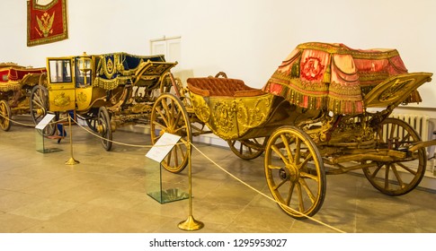 Parade imperial carriages and carts. Exhibition Court crew in Tsarskoye Selo. Saint Petersburg, Russia. January 5, 2019