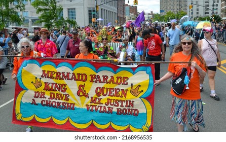 Parade King Dr. Dave A. Chokshi and Queen Justin Vivian Bond are marching in the 2022 Mermaid Parade at Coney Island on June 18, 2022 in the Brooklyn borough of New York City.