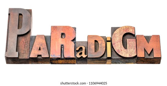 paradigm  - isolated word abstract in vintage letterpress wood type blocks, mixed fonts