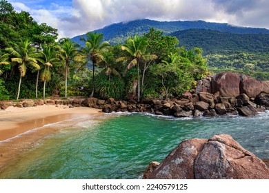 
Paradise beach landscapes, sand strip, emerald sea and blue sky, coconut trees, trees and mountains in the background. Praia do Português in Ubatuba, Sao Paulo, Brazil.