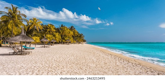 Paradise beach resort with palm trees and and tropical sea in Mauritius island. Summer vacation and tropical beach concept. Sandy beach with Le Morne beach on Mauritius island. Tropical landscape. - Powered by Shutterstock