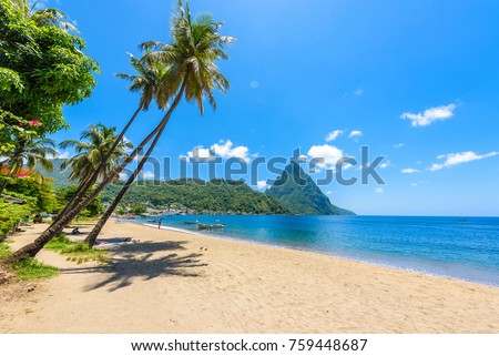 Paradise beach at Soufriere Bay with view to Piton at small town Soufriere in Saint Lucia, Tropical Caribbean Island.