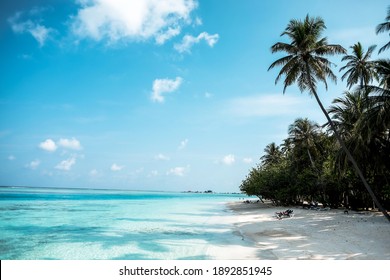 Paradise Beach With White Sand And  Clear Water Of The Sea. Beach Background.