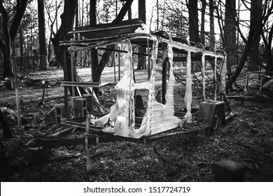 Paradise, CA/ United States- March 1, 2019: Melted Trailer From Home In Paradise California After The Camp Fire That Occurred In November 2018