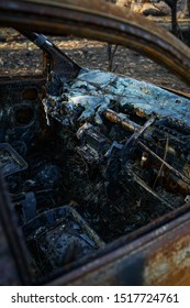 Paradise, CA/ United States- March 1, 2019: Remnants Of A Burned Vehicle In Paradise, California After The Camp Fire That Occurred In November 2018. 