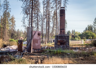 Paradise, California / USA - September 07 2019: Wreckage From The Paradise Wildfire Of 2018 Remains Waiting For Cleanup As Residents Of The Small Community Struggle To Rebuild.