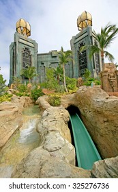 PARADISE ISLAND, BAHAMAS - January 28, 2009 - The Power Tower At Aquaventure, The Water Park At Atlantis, With The Water Slide, The Abyss.