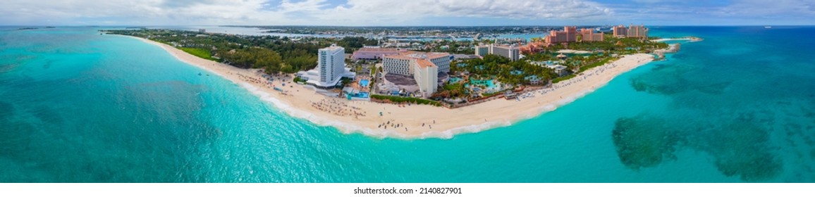 Paradise Island panoramic aerial view including Paradise Beach   The Royal Cove Reef Tower at Atlantis Hotel Paradise Island  Bahamas 