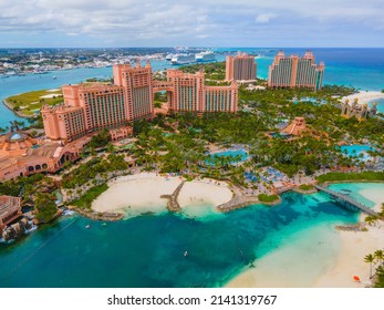 Paradise Lagoon aerial view and The Royal Cove Reef Tower at Atlantis Hotel on Paradise Island, Bahamas.