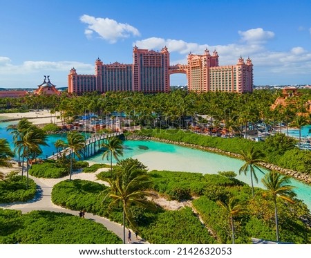 Paradise Lagoon aerial view and The Royal Tower at Atlantis Hotel on Paradise Island, Bahamas.