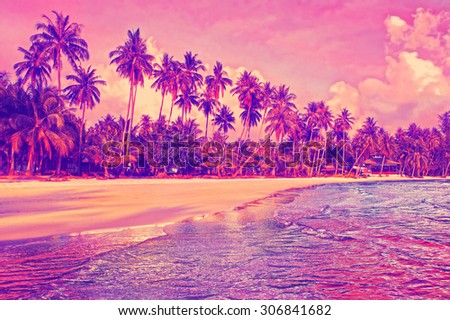 Paradise nature, sea and hotel house on the tropical beach at sunset