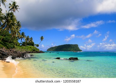 Paradise Tropical Beach In Pacific Ocean With Turquoise Water, Golden Sand And Exotic Palm Trees. Idyllic Holiday Escape, View From Lalomanu Beach In Upolu To Nu’utele Island, Samoa