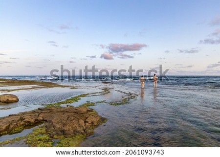 
Paradisiacal beach with two women with their backs and distant. Vacation and Travel Concept