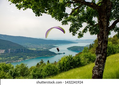 Paragliders with parapente jumping of the Col de Forclaz near Annecy in French Alps, in France. 