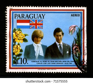 PARAGUAY-CIRCA 1981:A Stamp Printed In Paraguay Shows Image Of The Wedding Of Charles, Prince Of Wales,and Lady Diana Frances Spencer Took Place On 29.07.81 At St Paul's Cathedral, London, Circa 1981.