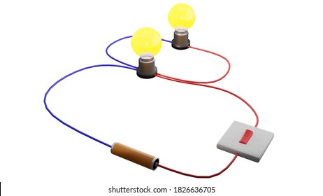 A parallel circuit in 3D rendering. A parallel circuit has two or more paths for current to flow through. Voltage is the same across each component of the parallel circuit. 