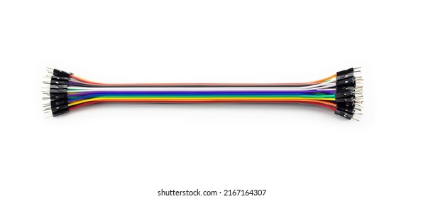 Parallel connections. Colorful Computer flat cable or multi-cable with micro pin connectors, isolated on white.  
