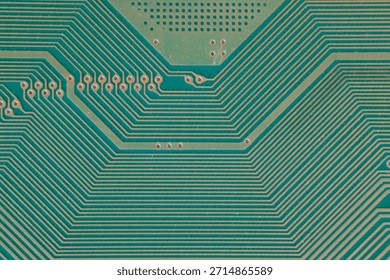 Parallel copper lines forming dense network on PCB, macro image with geometric structure, ideal high tech texture for electronics, data and connectivity topics.