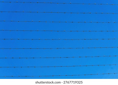 Parallel rows of decorative string lights wires stretched across clear blue sky forming minimal geometric pattern.