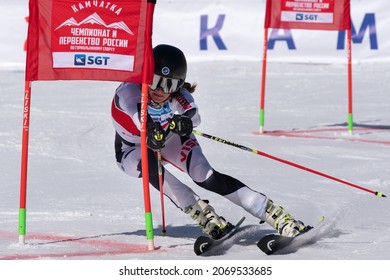 Parallel Slalom, Mountain Skier Golenkova Valentina Moscow Region Skiing Down Mountain Slope. Russian Federation Alpine Skiing Championship. Moroznaya Mount, Kamchatka, Russia - March 30, 2019