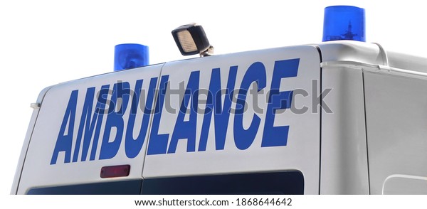 Paramedic Ambulance VAN\
Isolated On White Background. Close Up Of Emergency 911 Car Back\
View White Isolated.